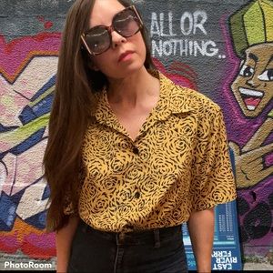 Vintage / Yellow and Black / Rosette / Abstract / Graphic / Party Blouse